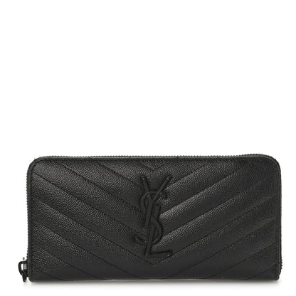 Saint Laurent Grain De Poudre Matelasse Chevron Monogram Monochrome Zip Around Wallet Black 1 of 8