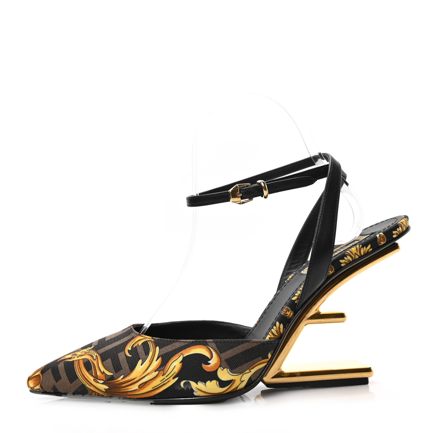 Fendi X VERSACE Silk Calfskin Fendace Fendi First 95mm Slingback Sandals 37.5 Tobacco Black Gold 1 of 7