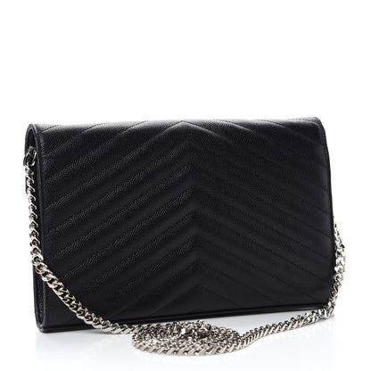 Saint Laurent Grain De Poudre Matelasse Chevron Monogram Chain Wallet Black 3 of 13