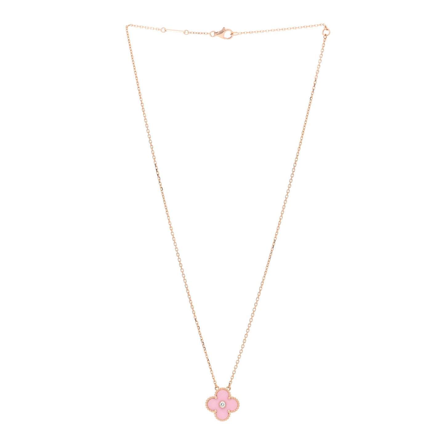 18K Rose Gold Diamond Pink Porcelain Vintage Alhambra Pendant Necklace