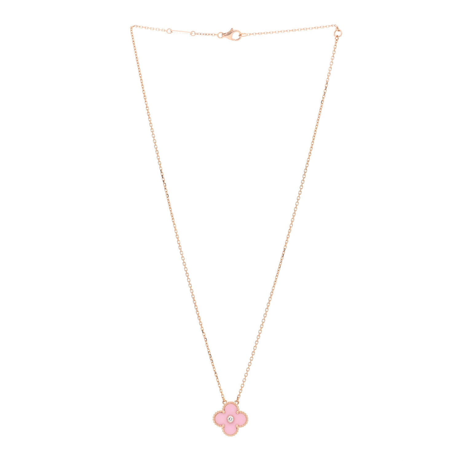 Van Cleef & Arpels 18K Rose Gold Diamond Pink Porcelain Vintage Alhambra Pendant Necklace 3 of 5