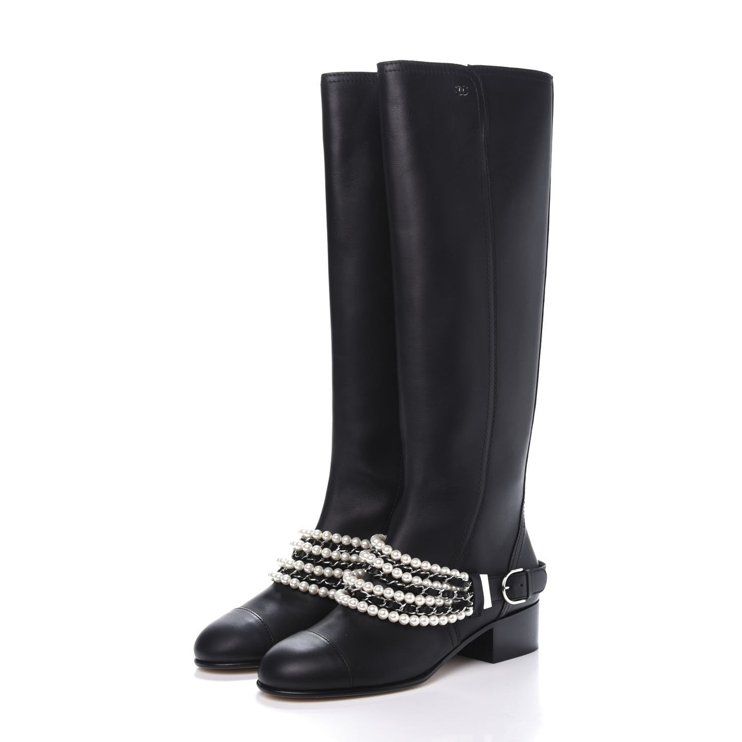 Calfskin Pearl Cap Toe High Boots 39 Black
