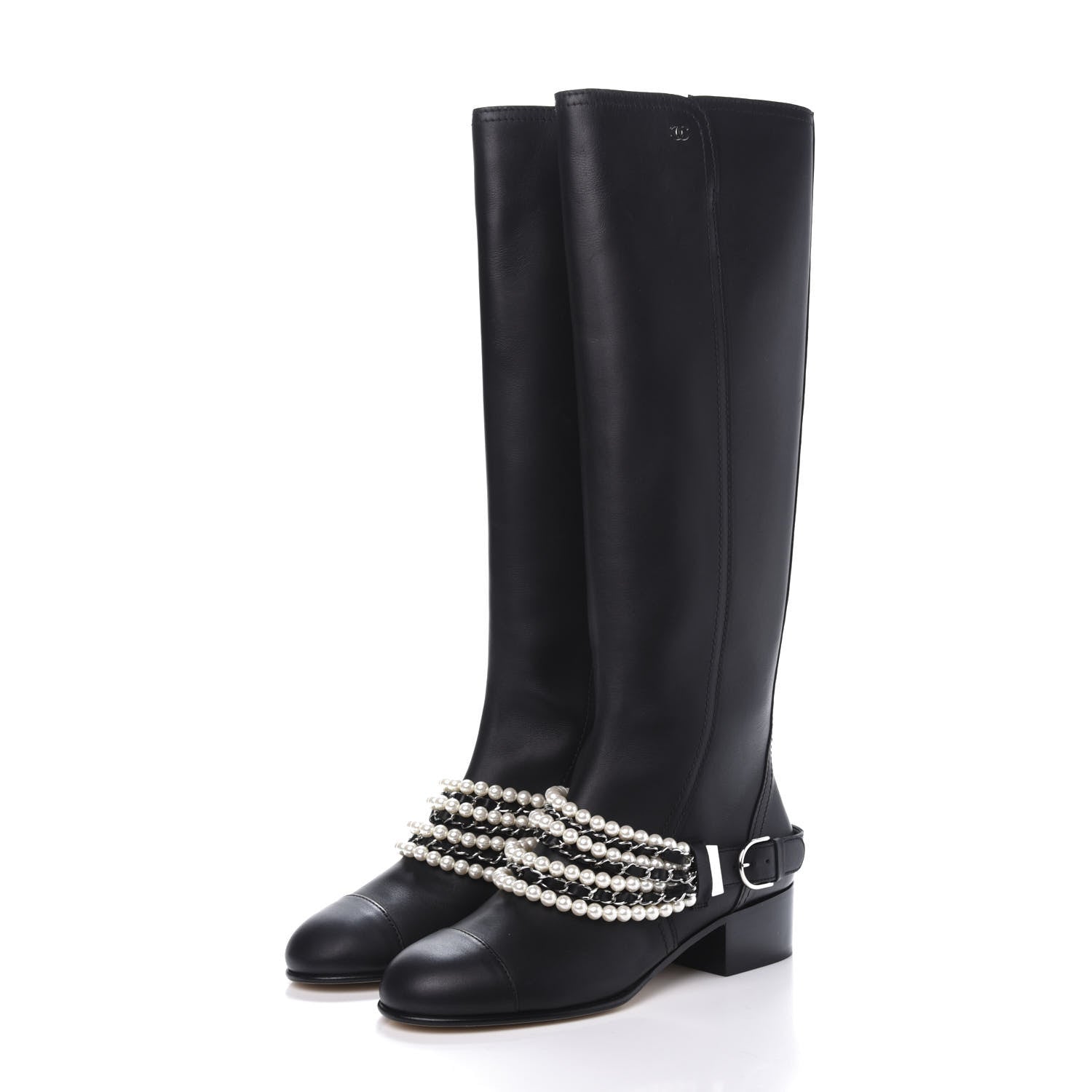 Chanel Calfskin Pearl Cap Toe High Boots 39 Black 3 of 10