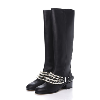 Chanel Calfskin Pearl Cap Toe High Boots 39 Black 3 of 10