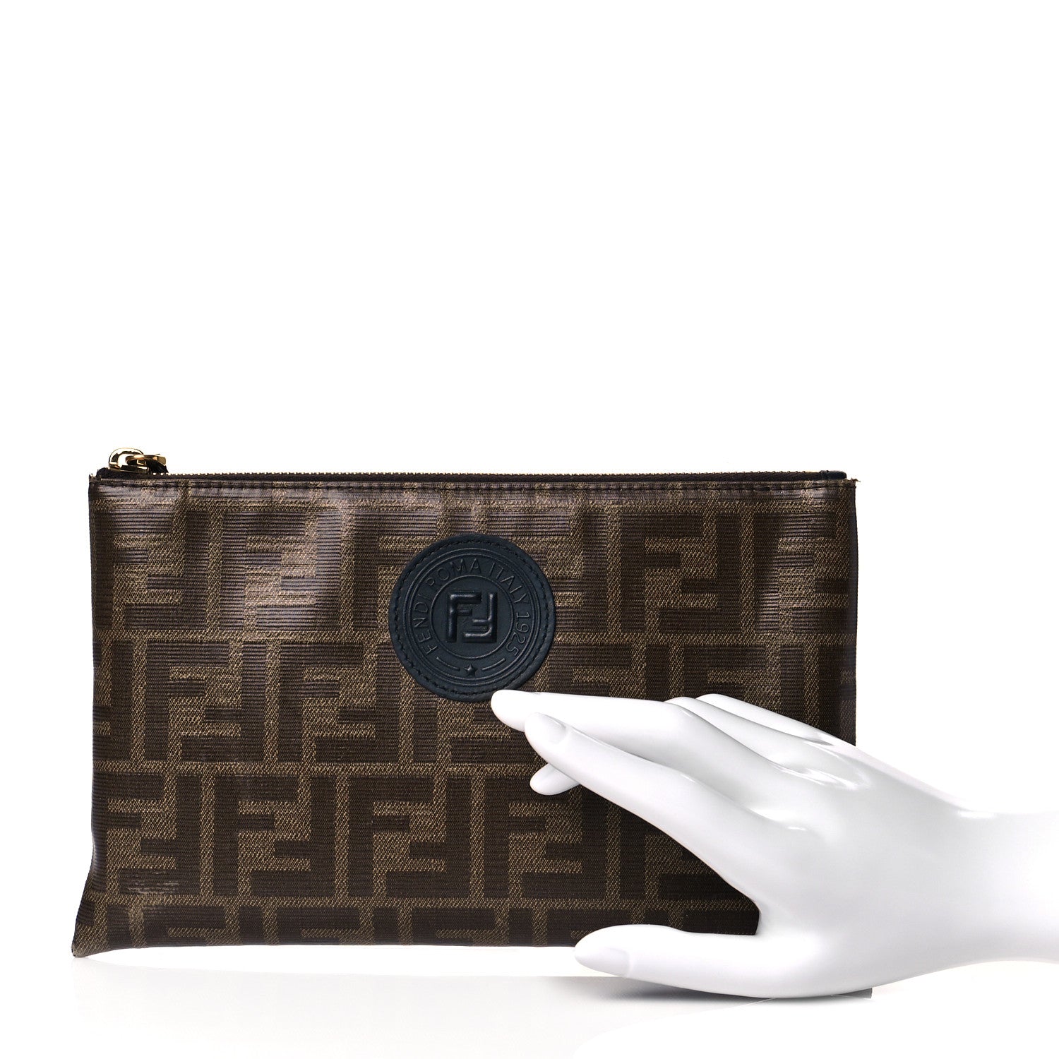 Fendi Glazed Fabric Vitello Century FF 1974 Stamp Patch Medium FFreedom Flat Pouch Mogano Panna Black 2 of 10