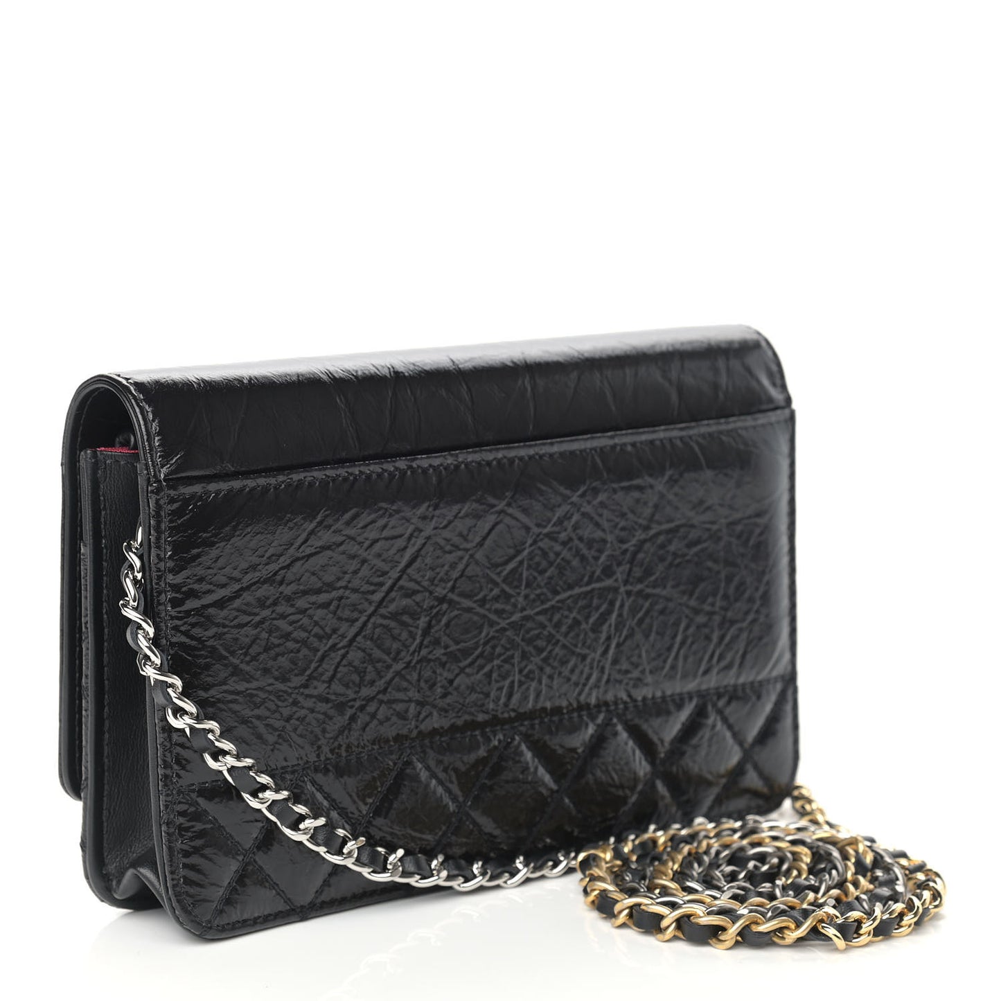 Shiny Aged Calfskin Quilted CC Wallet On Chain WOC Black