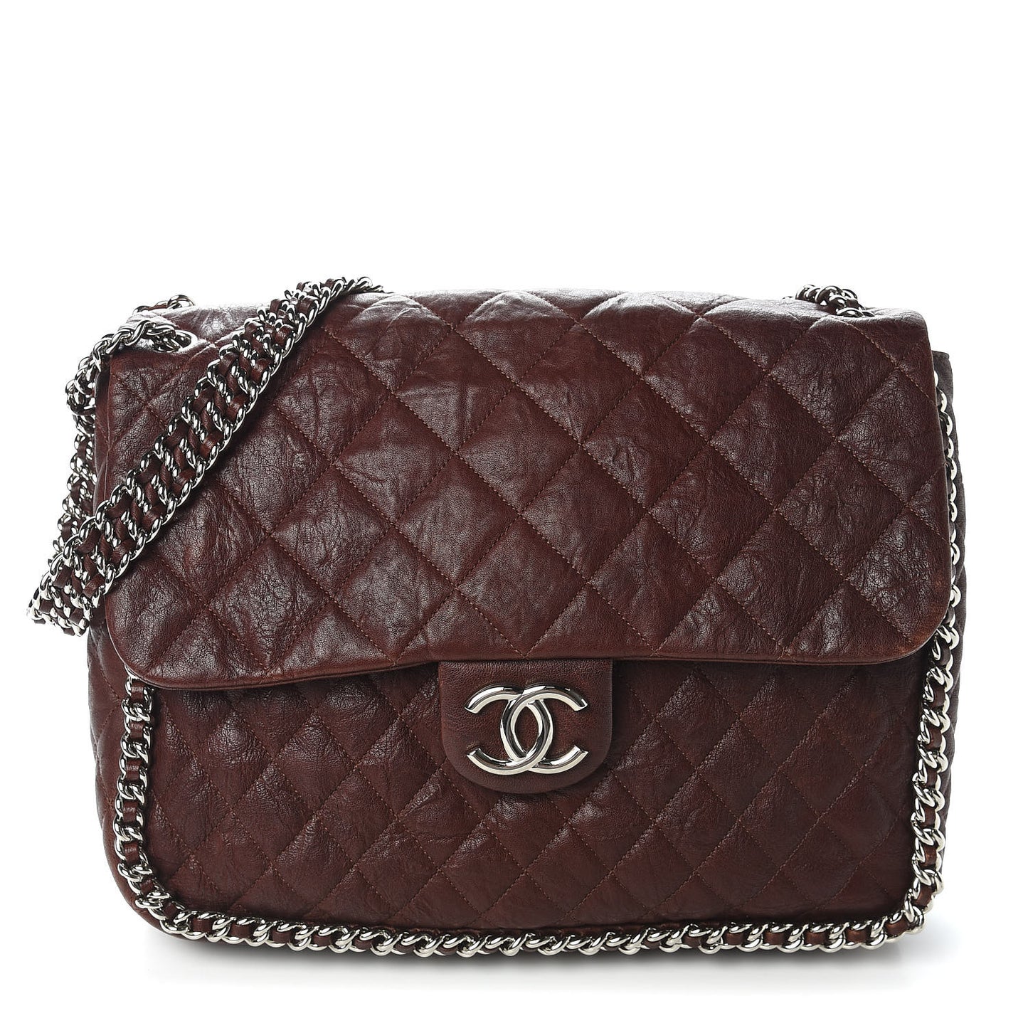 Crumpled Lambskin Quilted Maxi Chain Around Flap Dark Brown