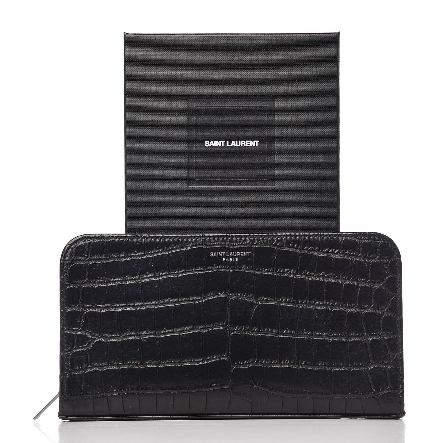 Calfskin Crocodile Embossed Mens Zip Around Continental Wallet Black