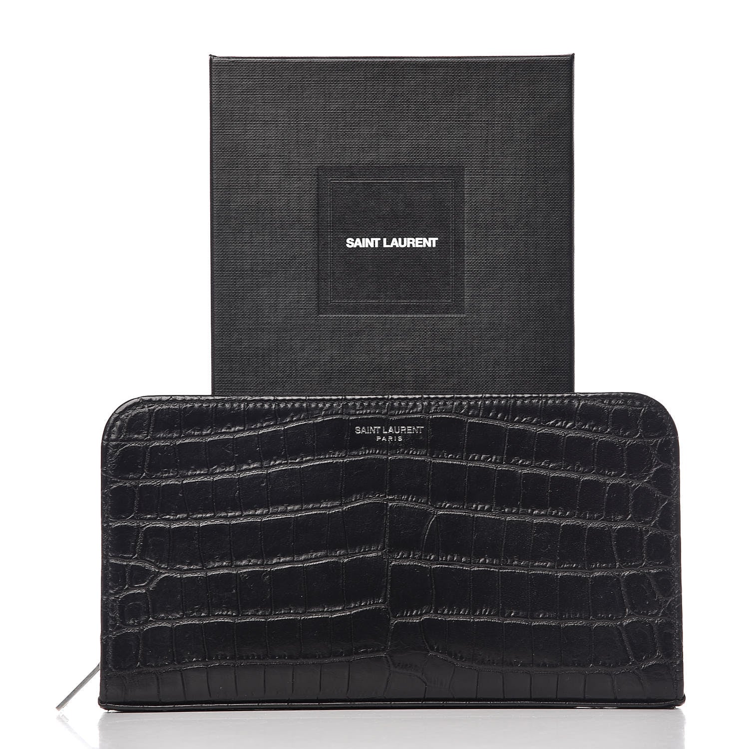 Saint Laurent Calfskin Crocodile Embossed Mens Zip Around Continental Wallet Black 13 of 13