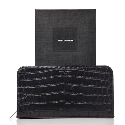 Saint Laurent Calfskin Crocodile Embossed Mens Zip Around Continental Wallet Black 13 of 13
