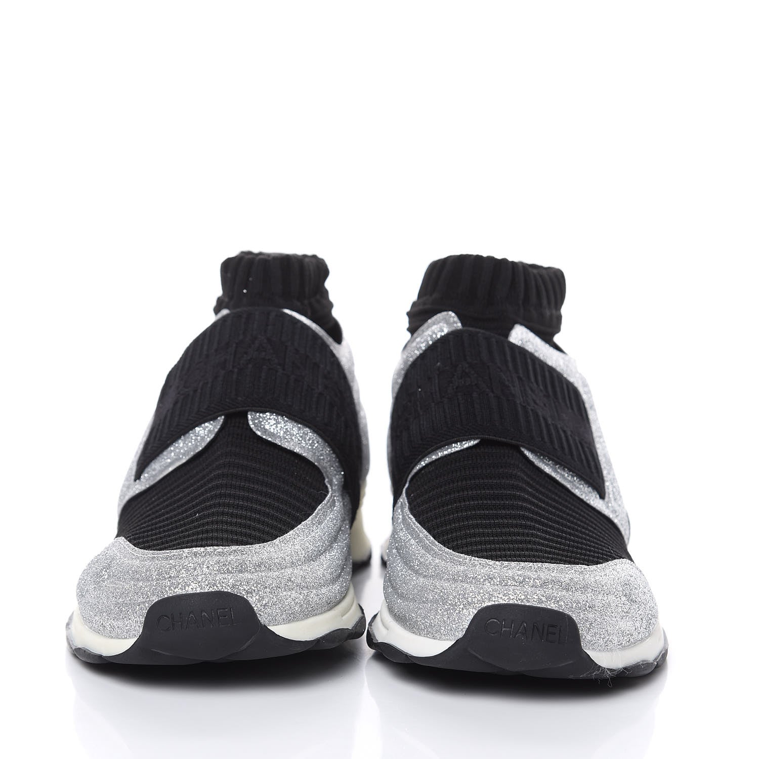 Chanel Glitter Stretch Fabric CC Sneakers 40 Black Silver 2 of 9