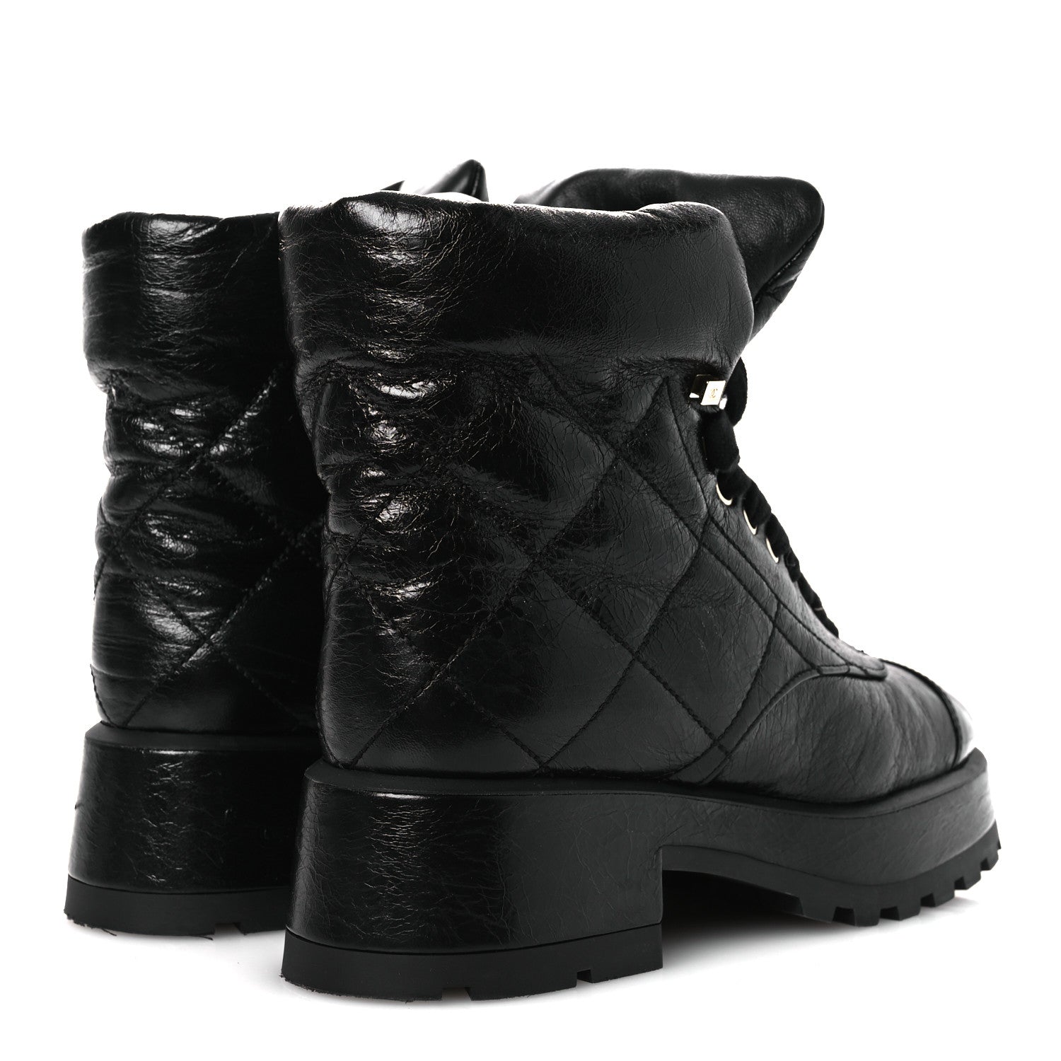 Chanel Crumpled Patent Lambskin Calfskin Quilted Lace Up Combat Boots 39 Black 5 of 11