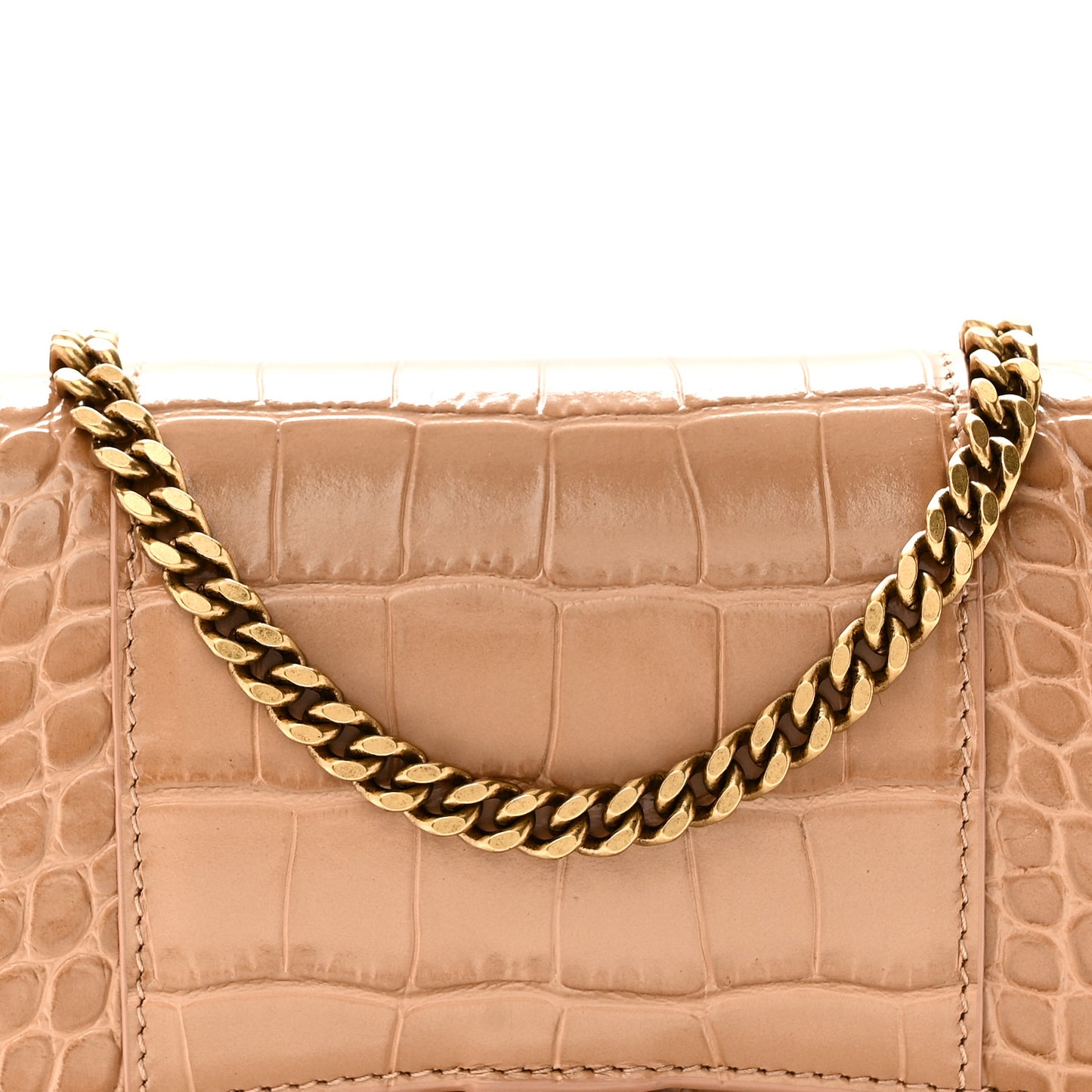 Shiny Calfskin Crocodile Embossed Hourglass Chain Bag Nude Beige