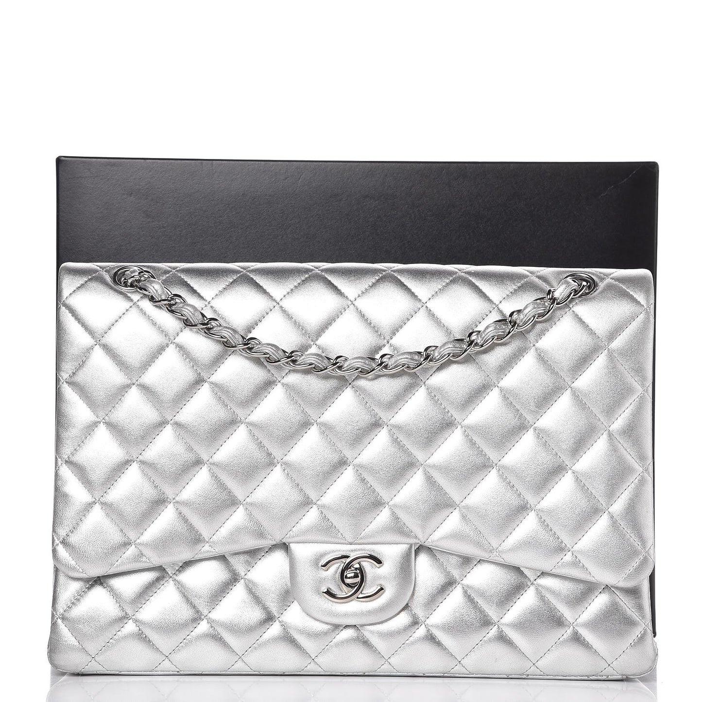Metallic Lambskin Quilted Maxi Single Flap Silver