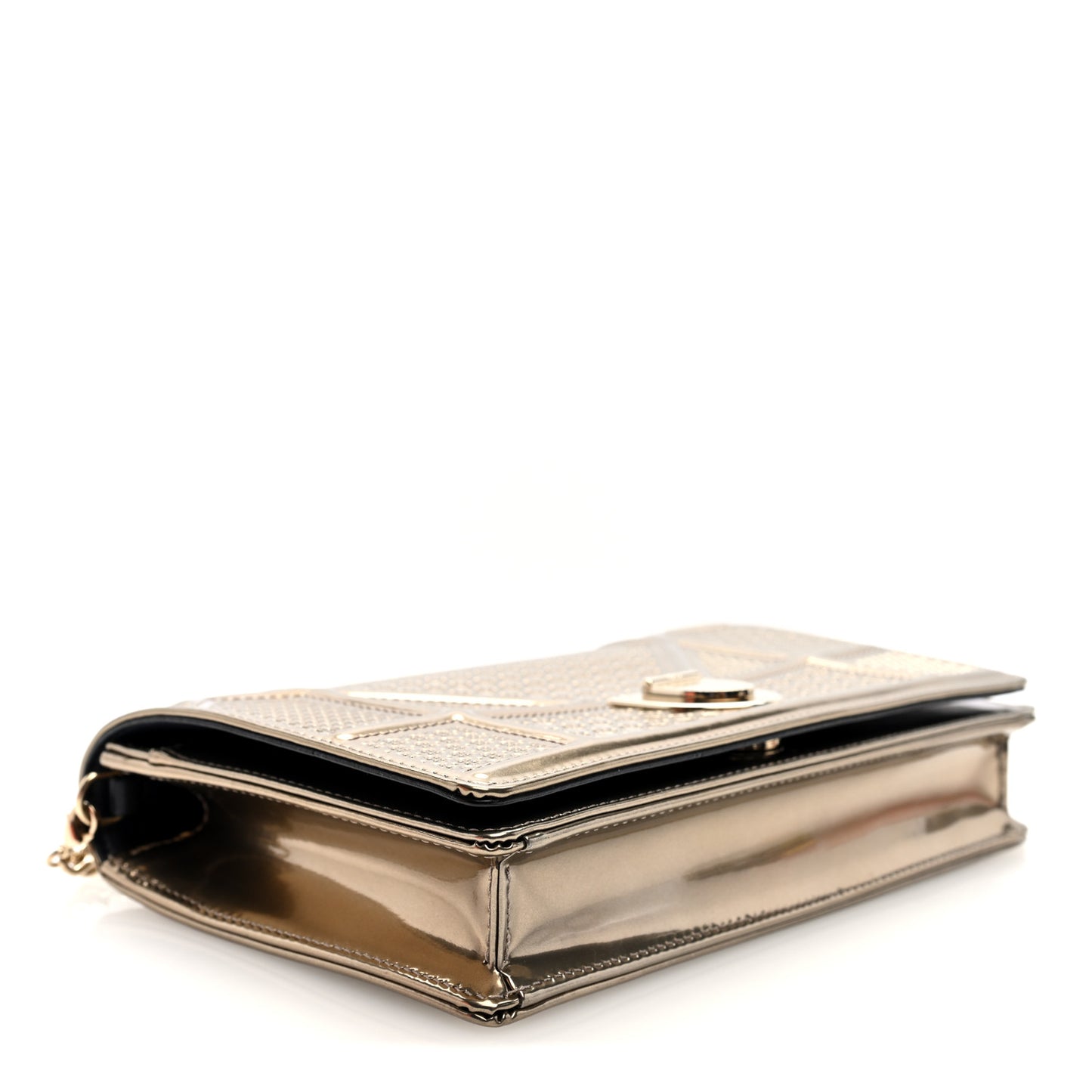 Metallic Patent Micro-Cannage Diorama Wallet on Chain Pouch Gold