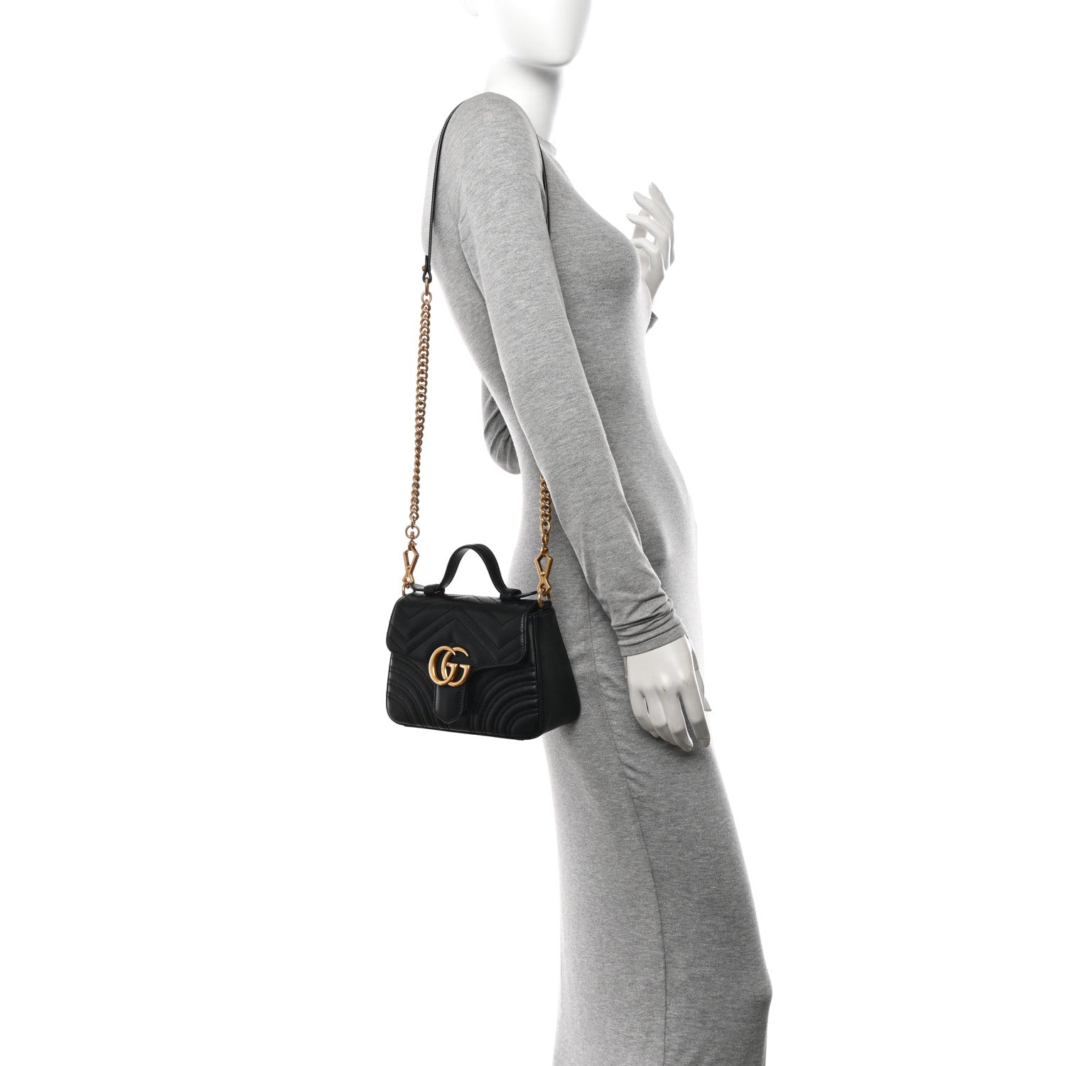 Gucci Calfskin Matelasse Small GG Marmont Top Handle Shoulder Bag Black 2 of 16