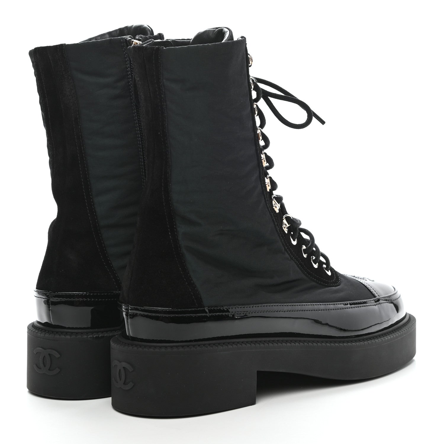 Chanel Nylon Suede Patent Calfskin Womens CC Lace Up Boots 40 Dark Green Black 4 of 9