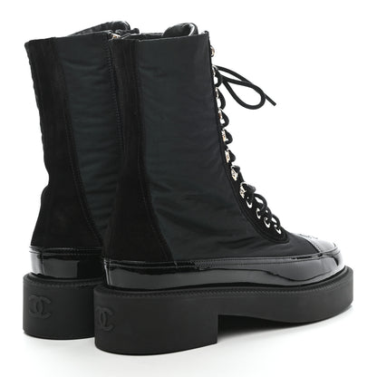 Chanel Nylon Suede Patent Calfskin Womens CC Lace Up Boots 40 Dark Green Black 4 of 9