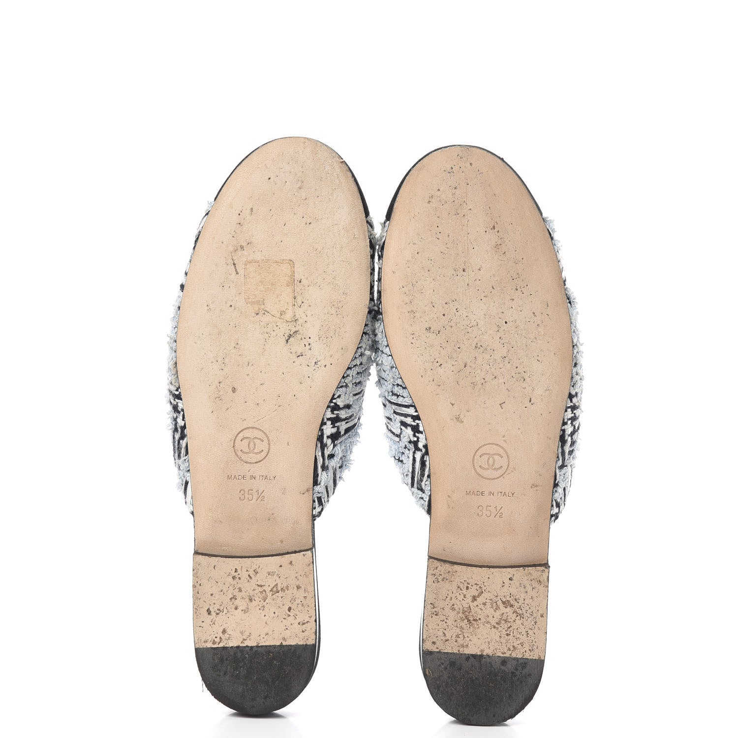 Chanel Tweed Grosgrain Camellia CC Flat Mules 35.5 Blue Silver Black 5 of 8