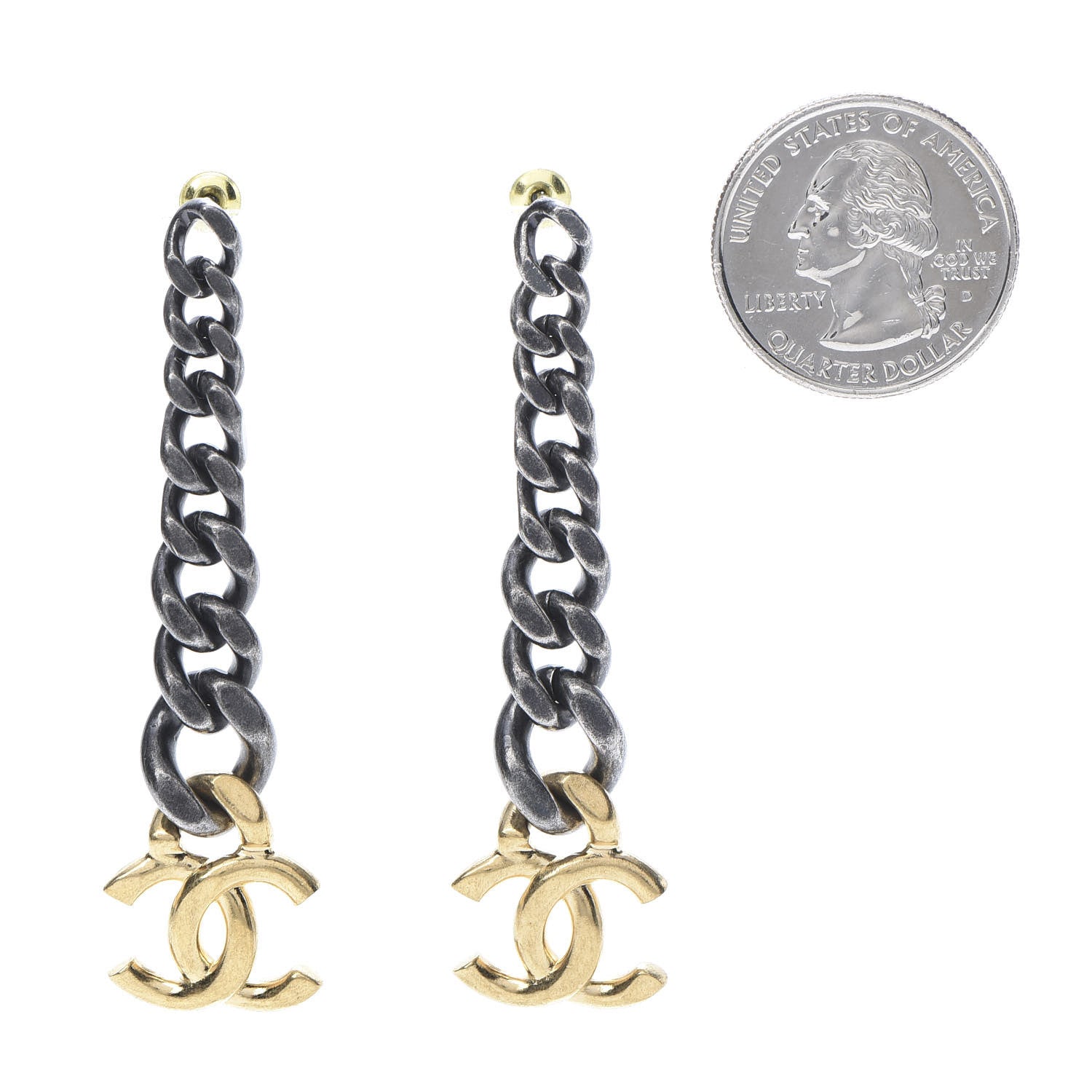 Chanel Metal CC Pick Drop Earrings Ruthenium Gold 2 of 5