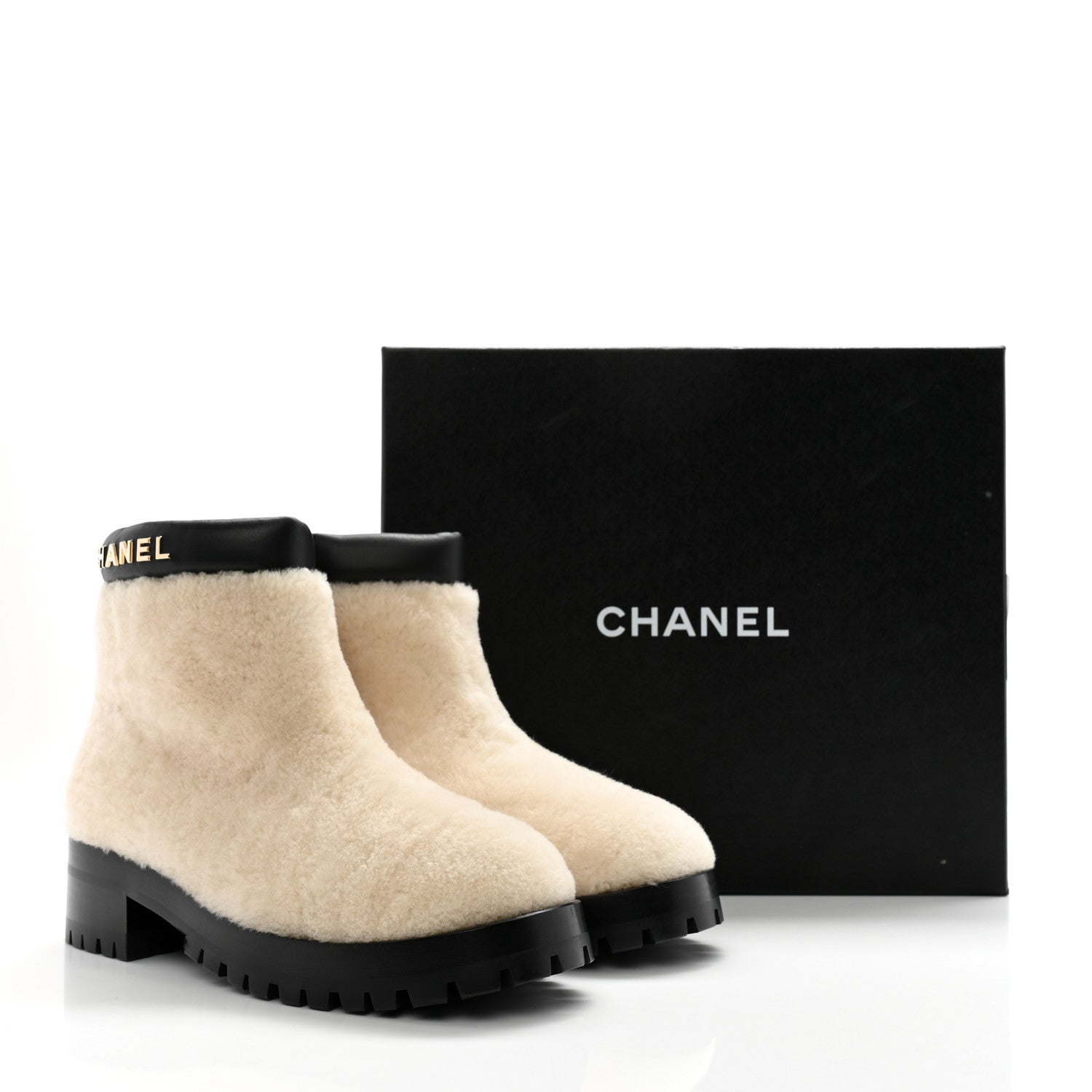 Chanel Shearling Lambskin Logo Ankle Boots 37 Ivory Black 9 of 9