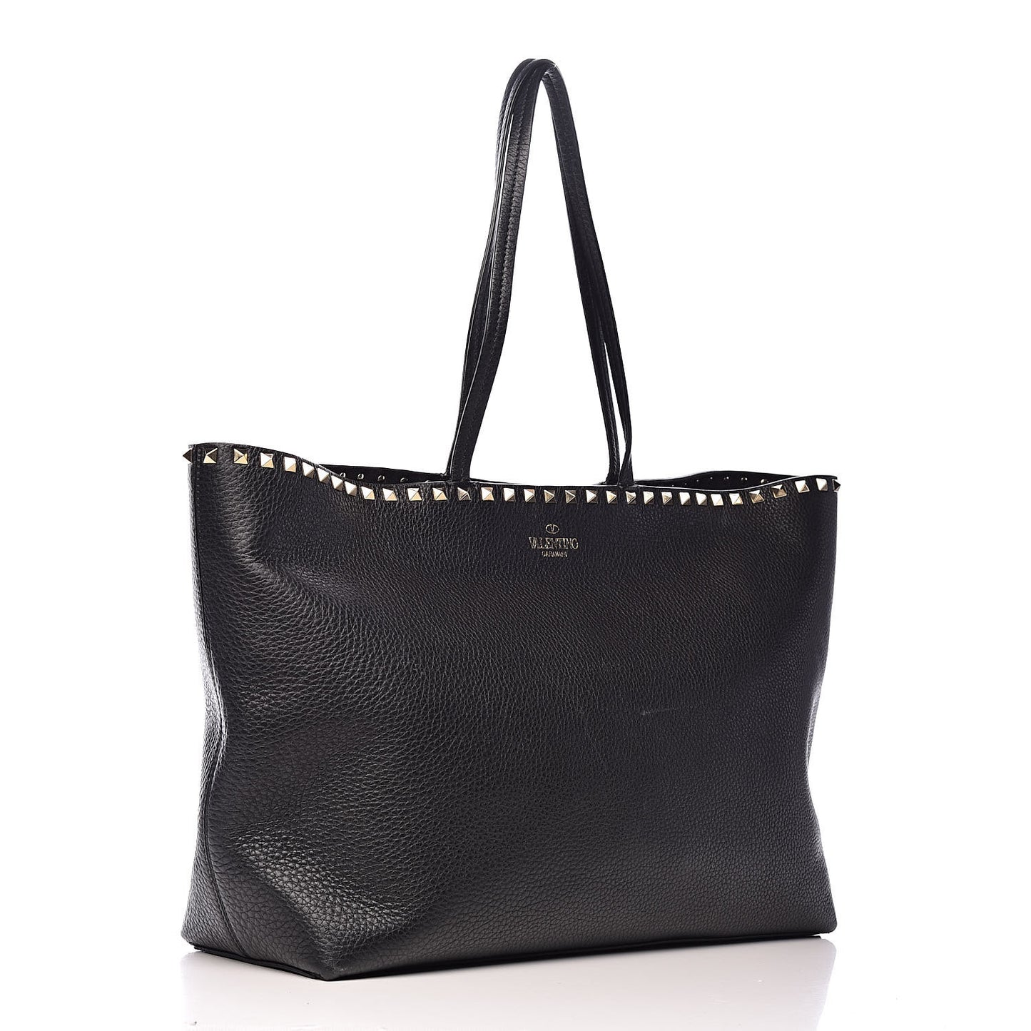 Grained Calfskin Rockstud Shoulder Tote Black
