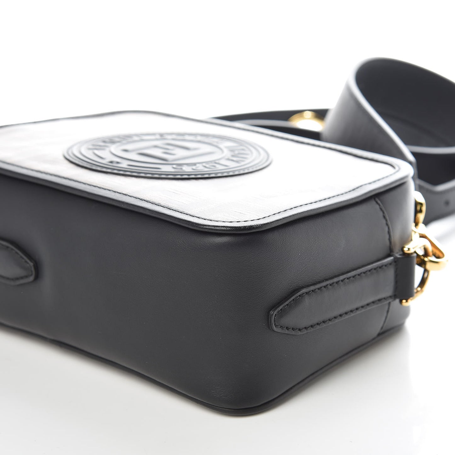 Glazed Fabric Vitello Century F is Fendi FF 1974 Stamp Patch Camera Case Mogano Panna Black