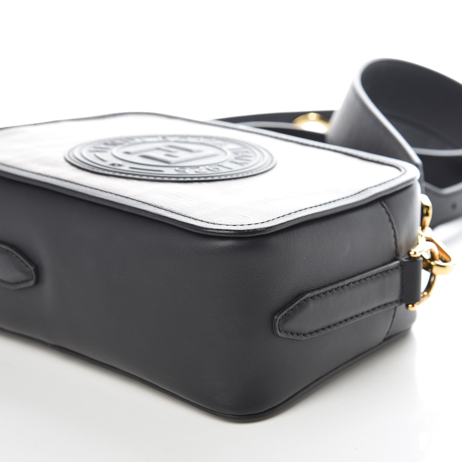 Fendi Glazed Fabric Vitello Century F is Fendi FF 1974 Stamp Patch Camera Case Mogano Panna Black 9 of 9