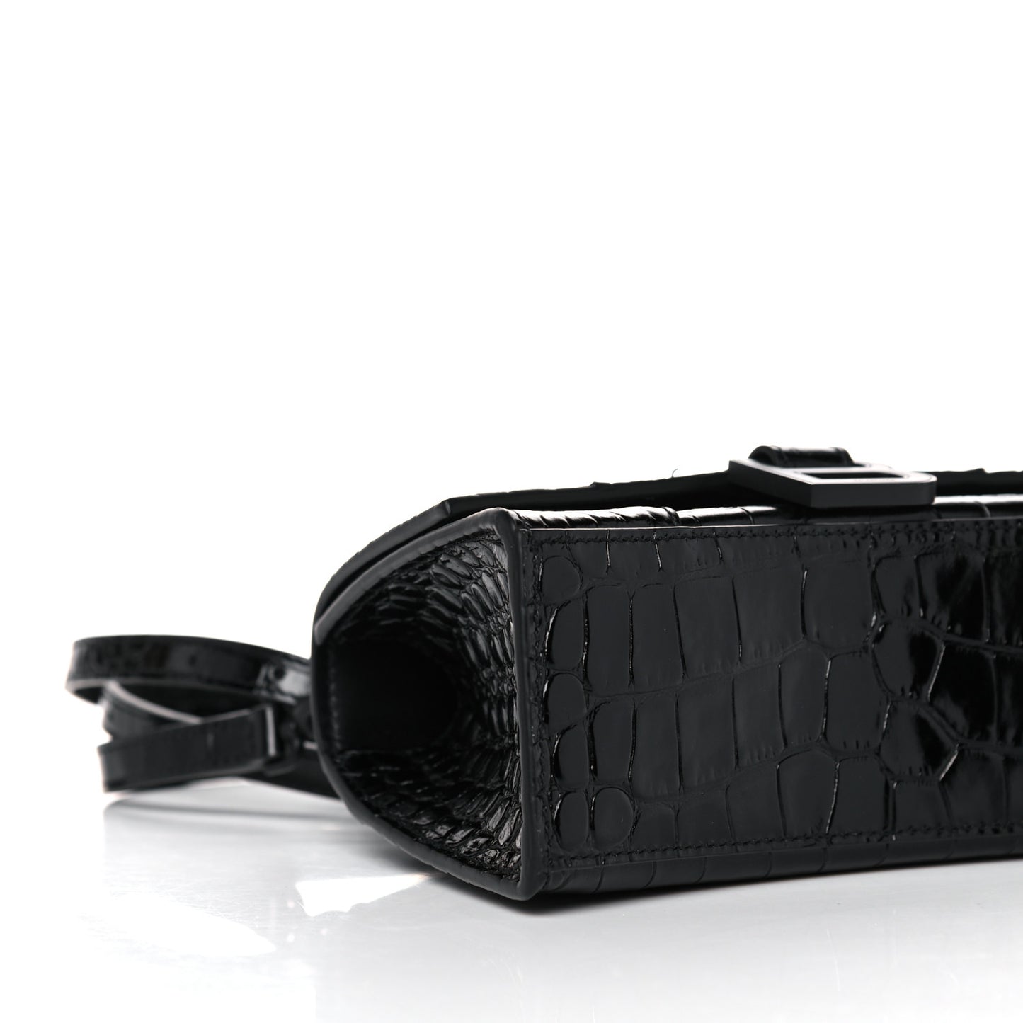 Shiny Calfskin Monochrome Crocodile Embossed Hourglass Top Handle Bag XS Black