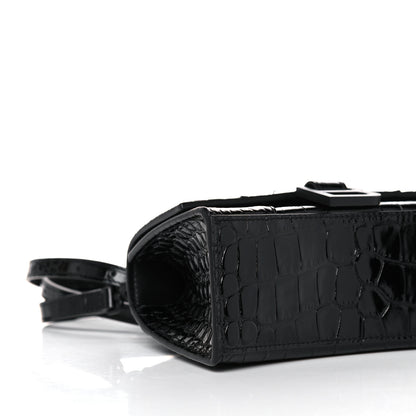 Balenciaga Shiny Calfskin Monochrome Crocodile Embossed Hourglass Top Handle Bag XS Black 7 of 10