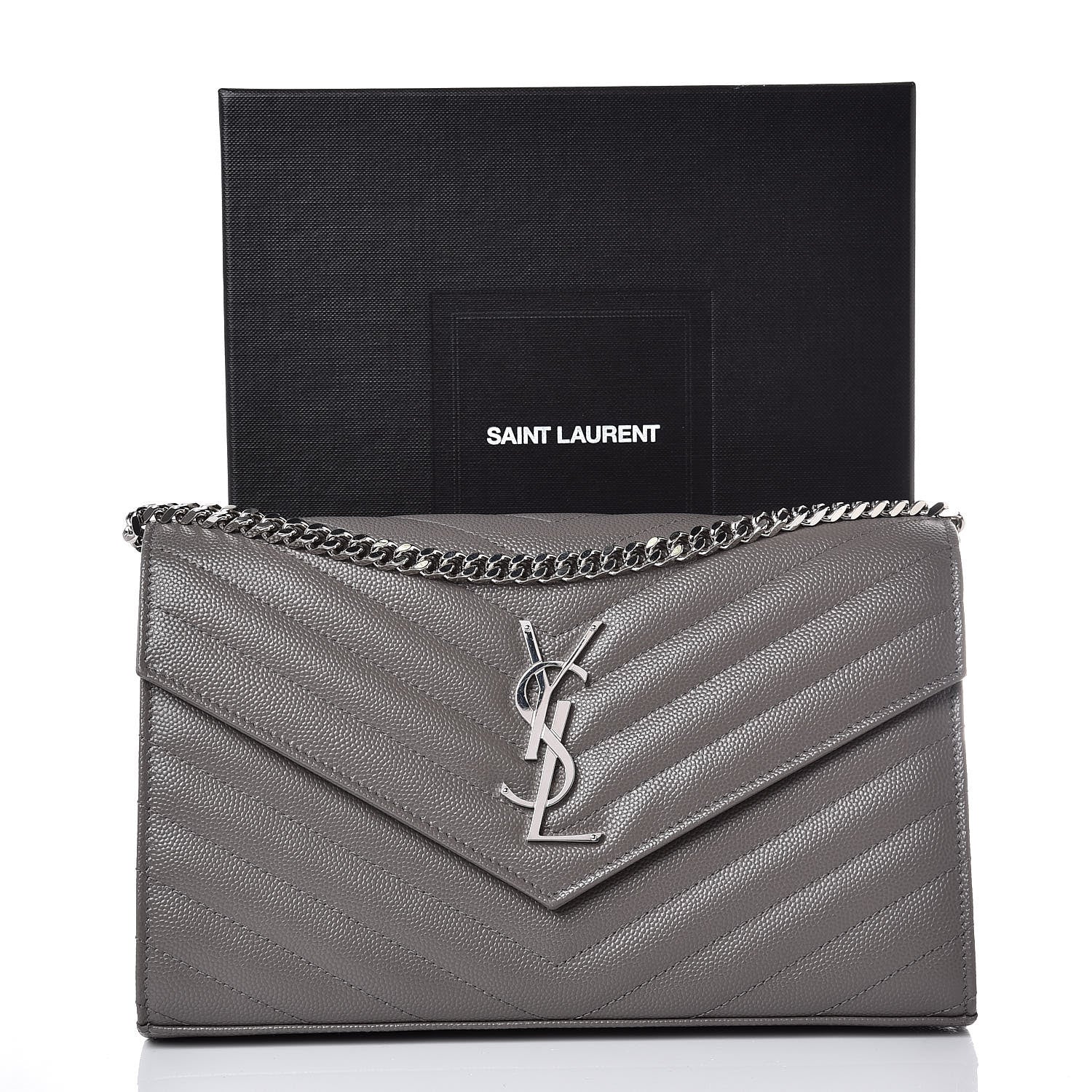 Saint Laurent Grain De Poudre Matelasse Chevron Monogram Chain Wallet Fog 11 of 11
