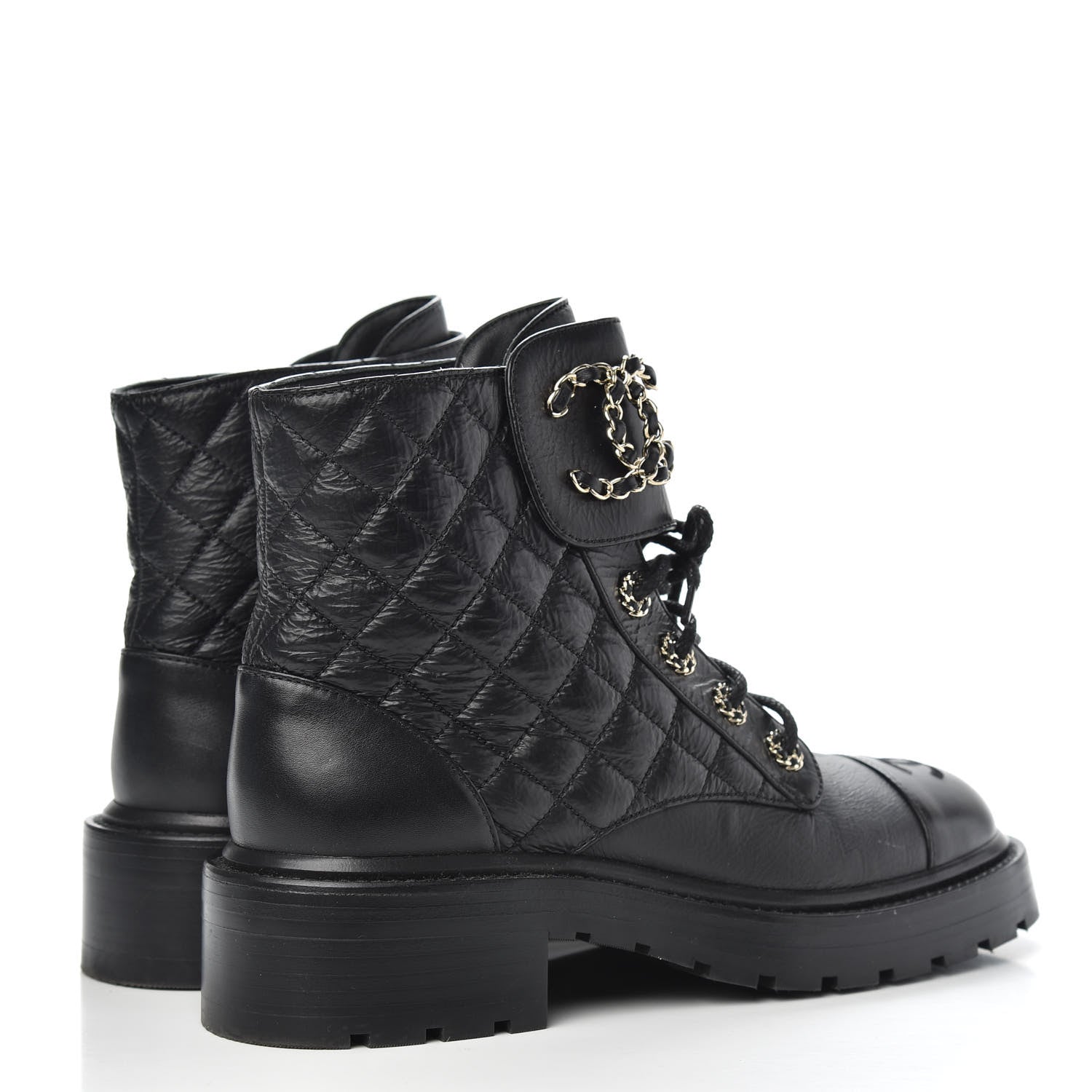 Chanel Shiny Goatskin Calfskin Quilted Lace Up Combat Boots 37.5 Black 4 of 8