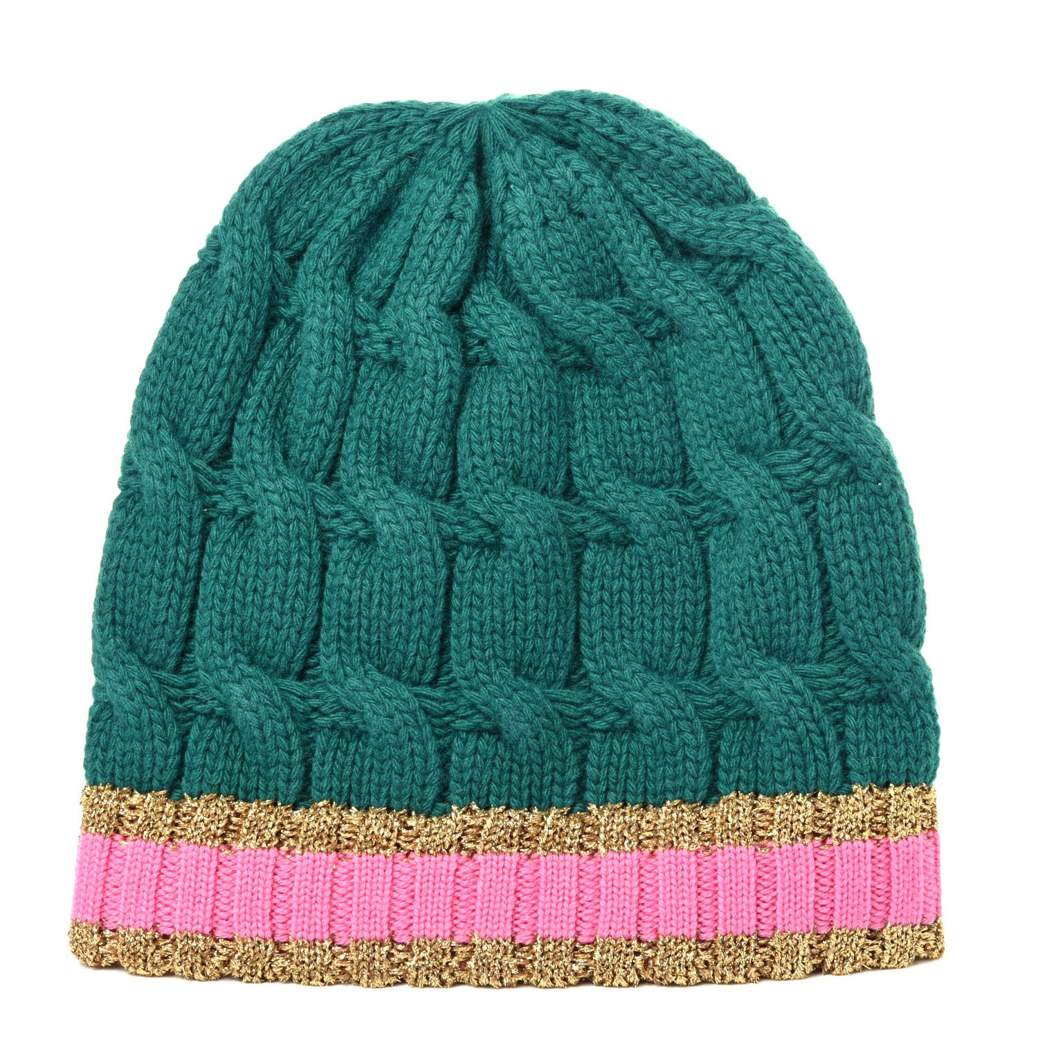 Gucci Wool Cashmere Polyamide Cable Knit Bonhate Beanie Hat M Grass Green Pink 1 of 3