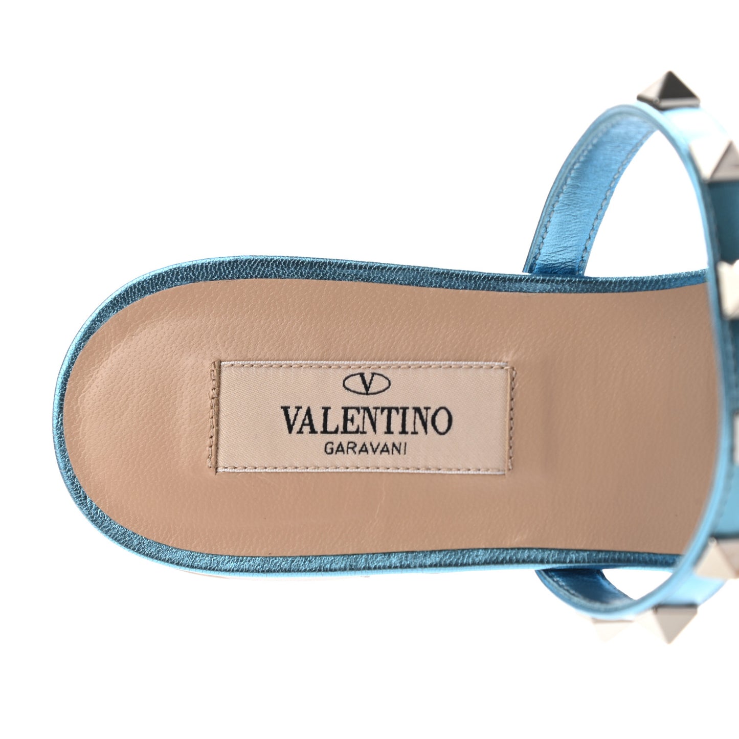 Metallic Nappa Rockstud Caged Flat Slide Sandals 36.5 Cerulean