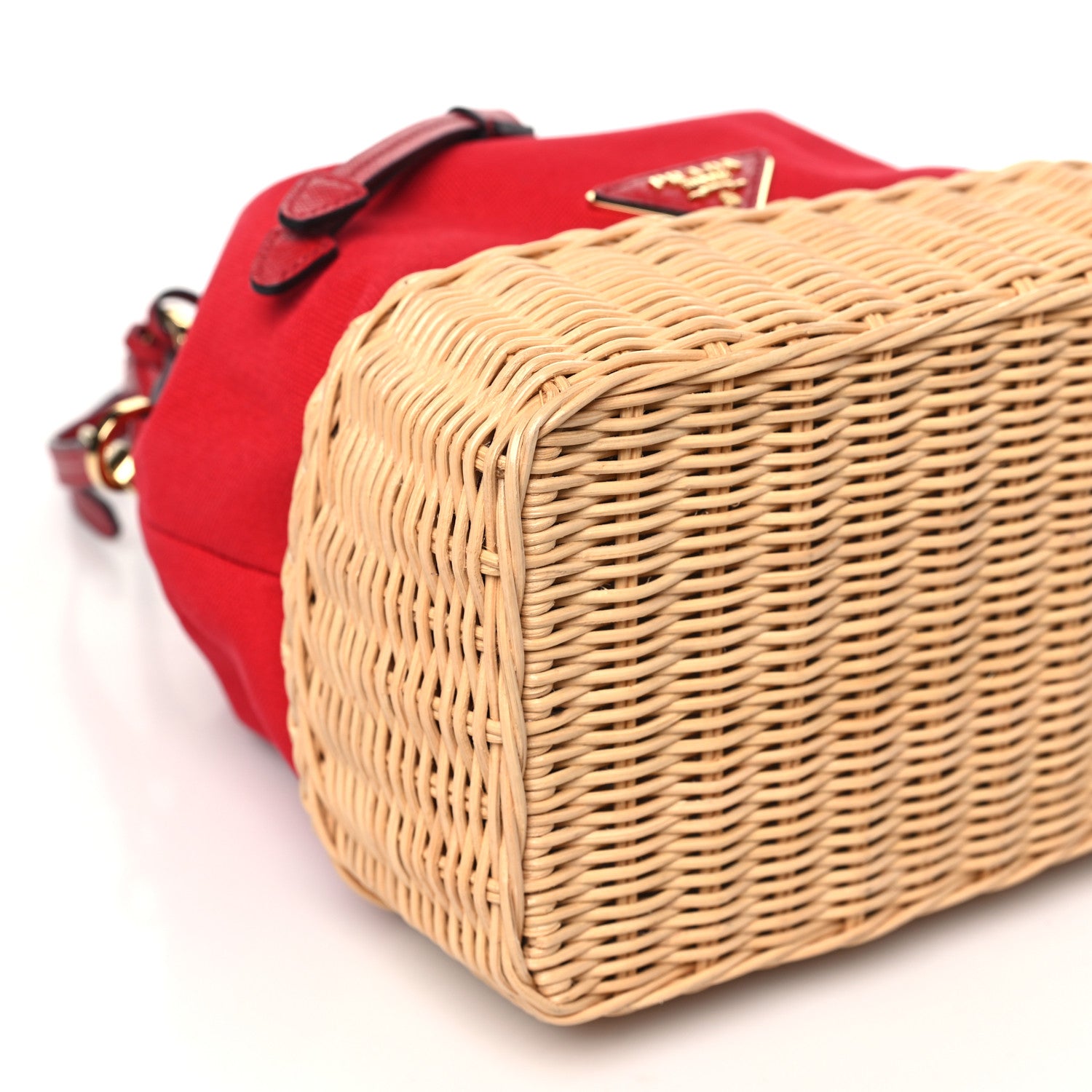 Prada Wicker Canvas Saffiano Bucket Bag Naturale Rosso 9 of 11