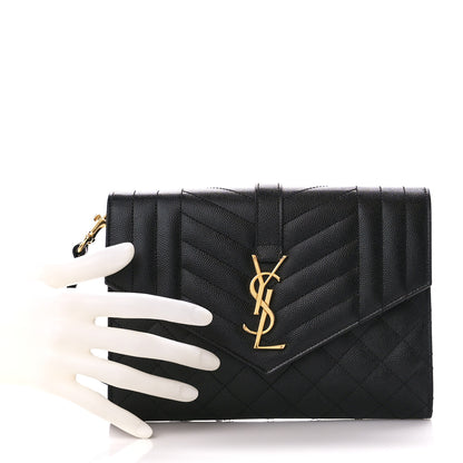 Saint Laurent Grain De Poudre Textured Mixed Matelasse Triquilt Monogram Clutch Black 2 of 10