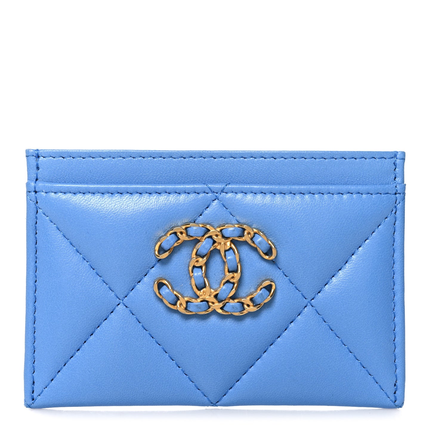 Lambskin Quilted Chanel 19 Card Holder Blue