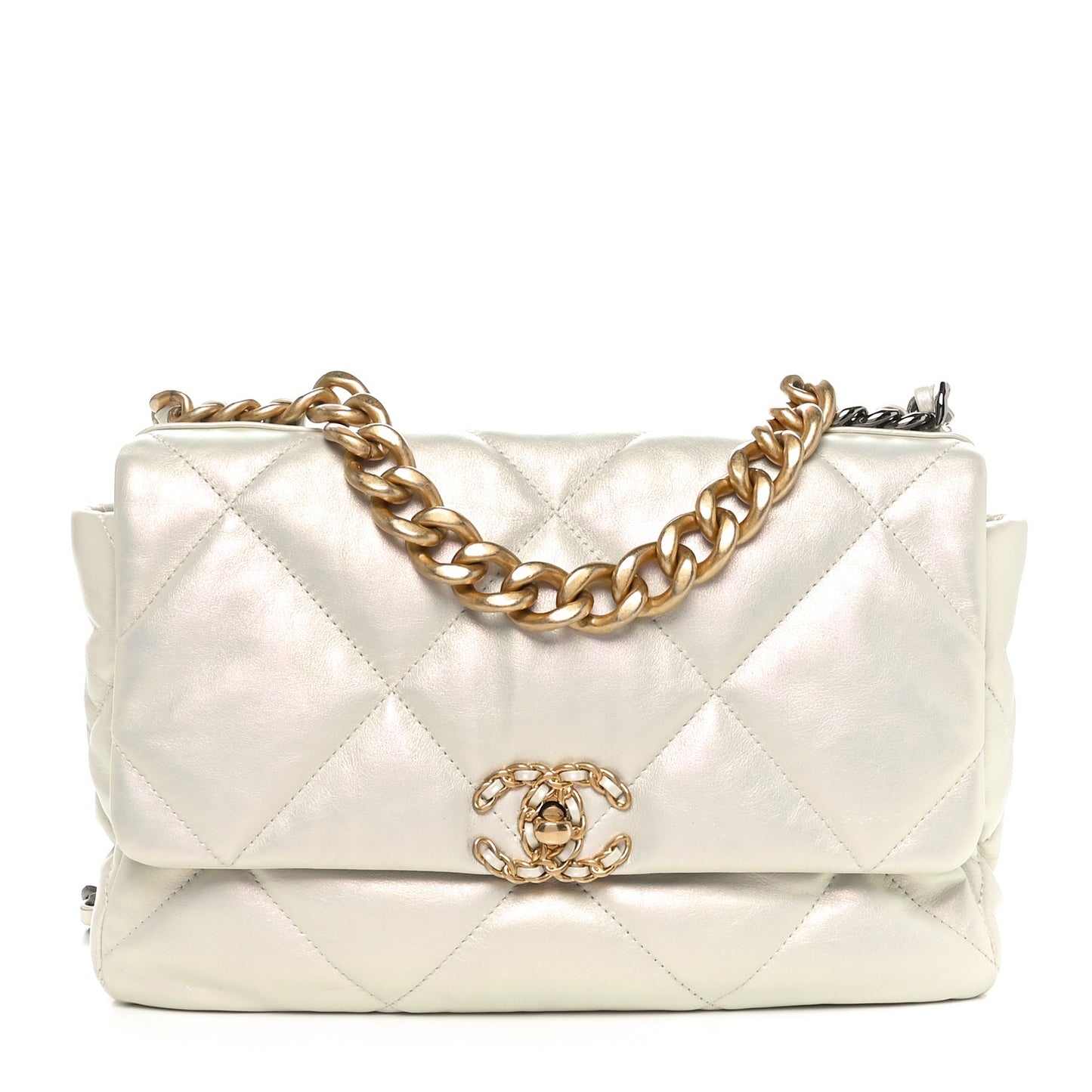 Iridescent Calfskin Quilted Large Chanel 19 Flap White