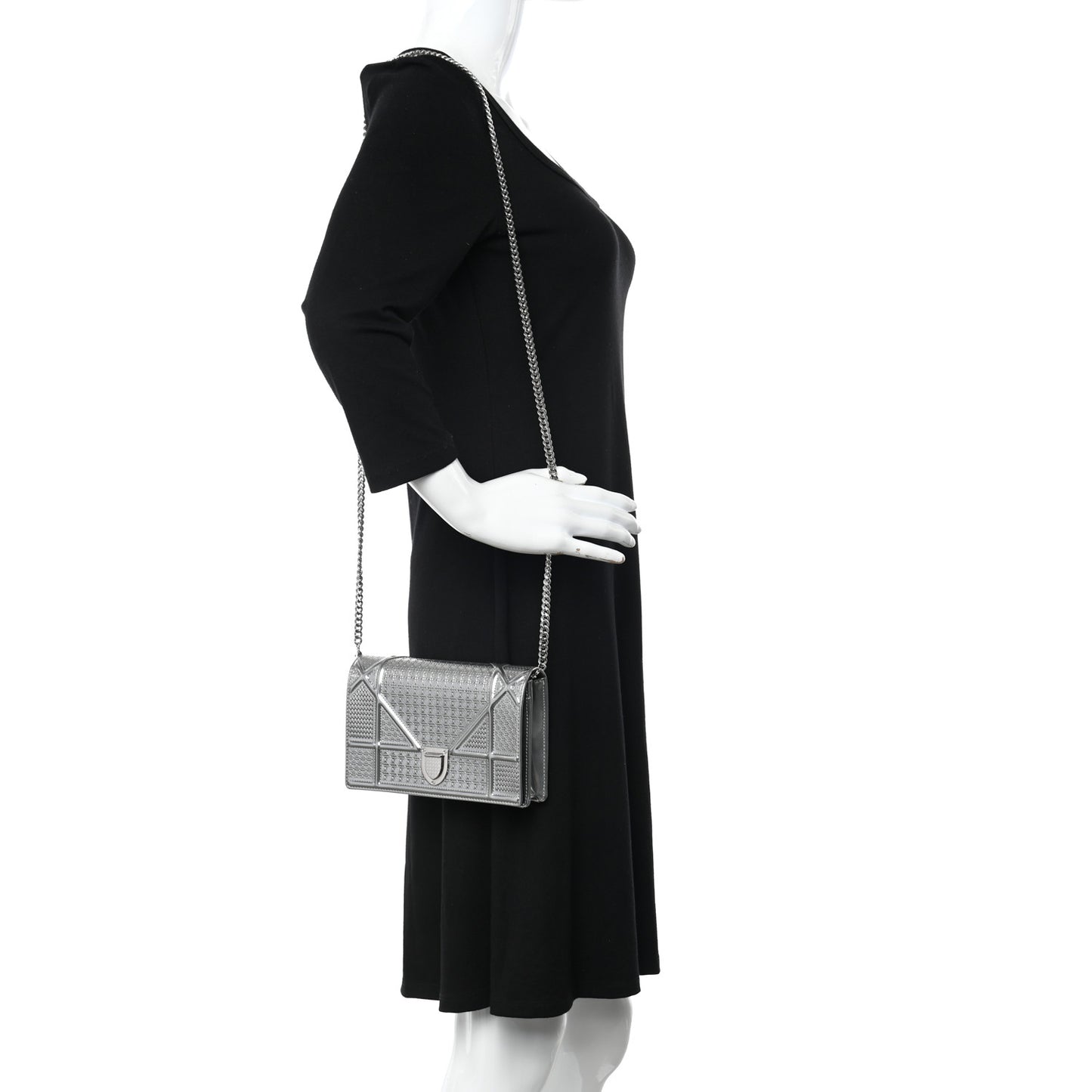 Metallic Patent Micro-Cannage Diorama Wallet on Chain Pouch Silver