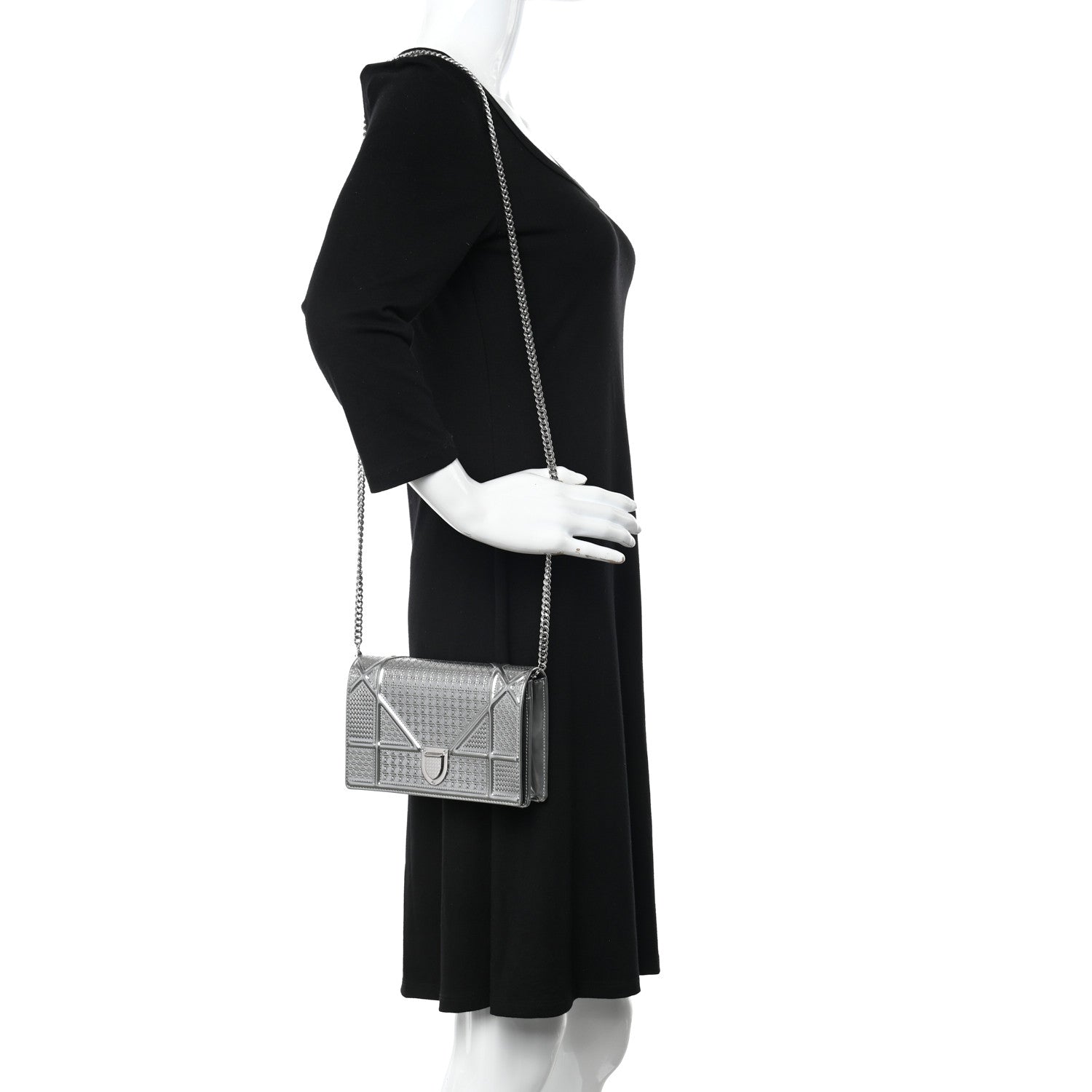 Christian Dior Metallic Patent Micro-Cannage Diorama Wallet on Chain Pouch Silver 2 of 10