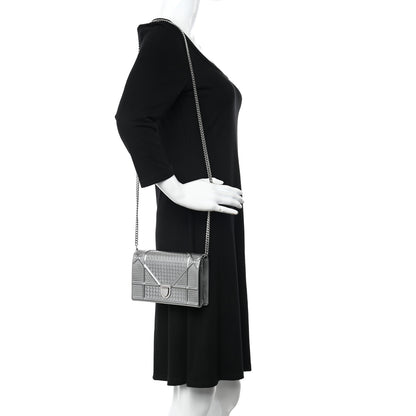 Christian Dior Metallic Patent Micro-Cannage Diorama Wallet on Chain Pouch Silver 2 of 10