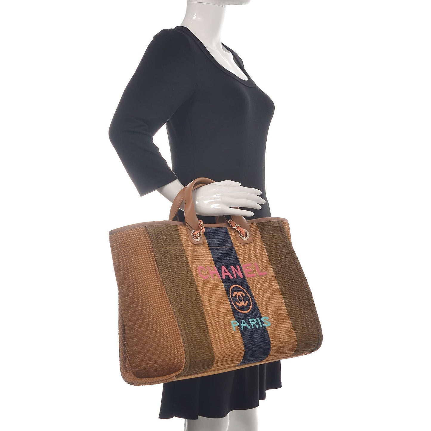Straw Raffia Calfskin Striped Large Deauville Tote Khaki Beige Navy Blue