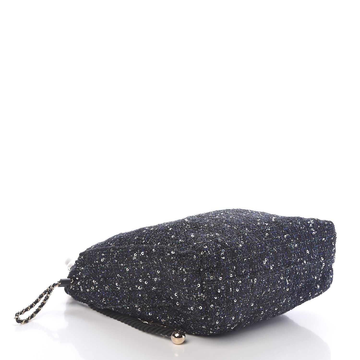 Chanel Tweed Sequin Pearl Drawstring Chain Bag Black Navy 4 of 10