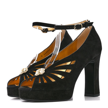 Chanel Suede Calfskin Pearl Shamrock CC Sandals 37 Black 3 of 9