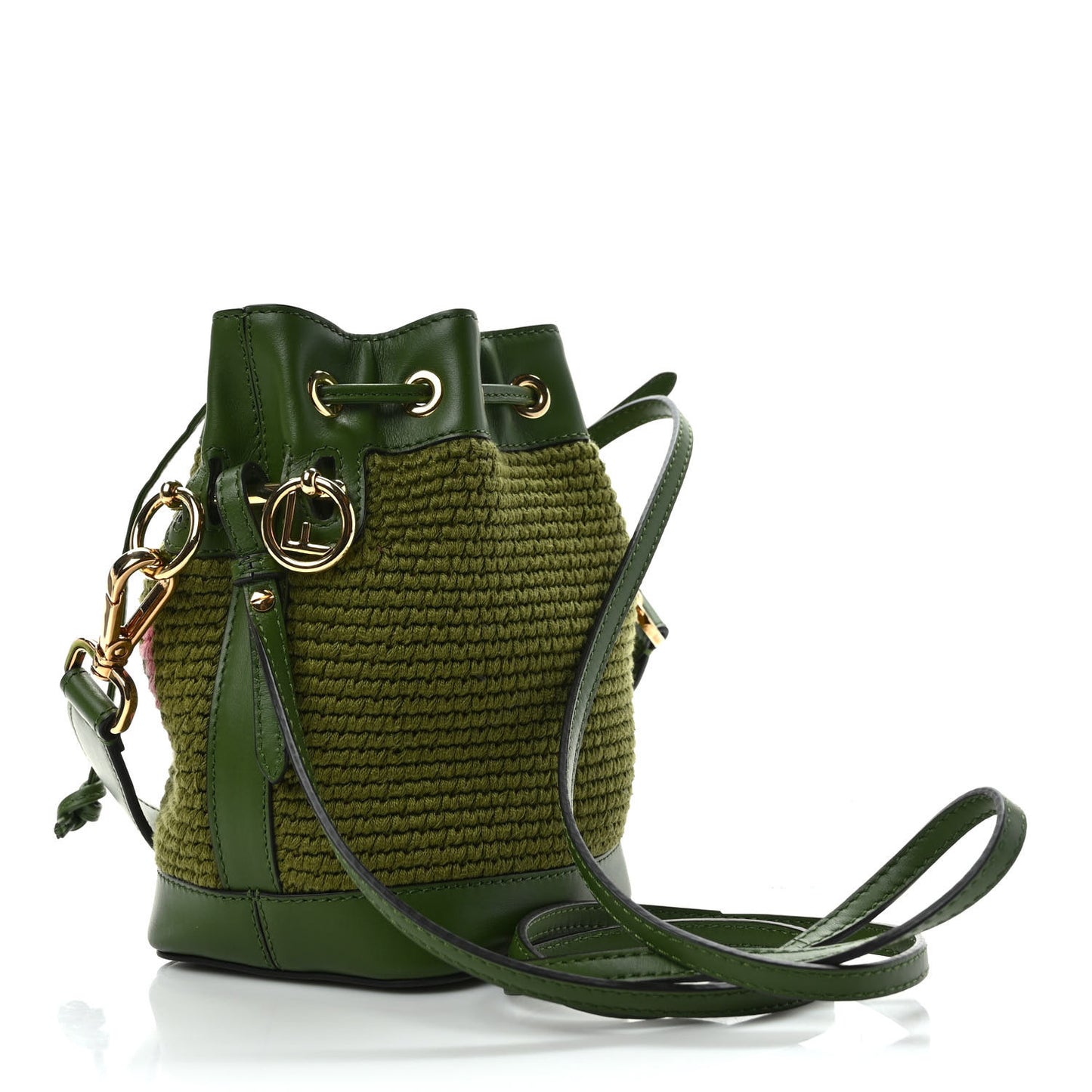 Crochet Vitello King F is Fendi Logo Woven Mini Mon Tresor Bucket Bag Verde Militare Rosa