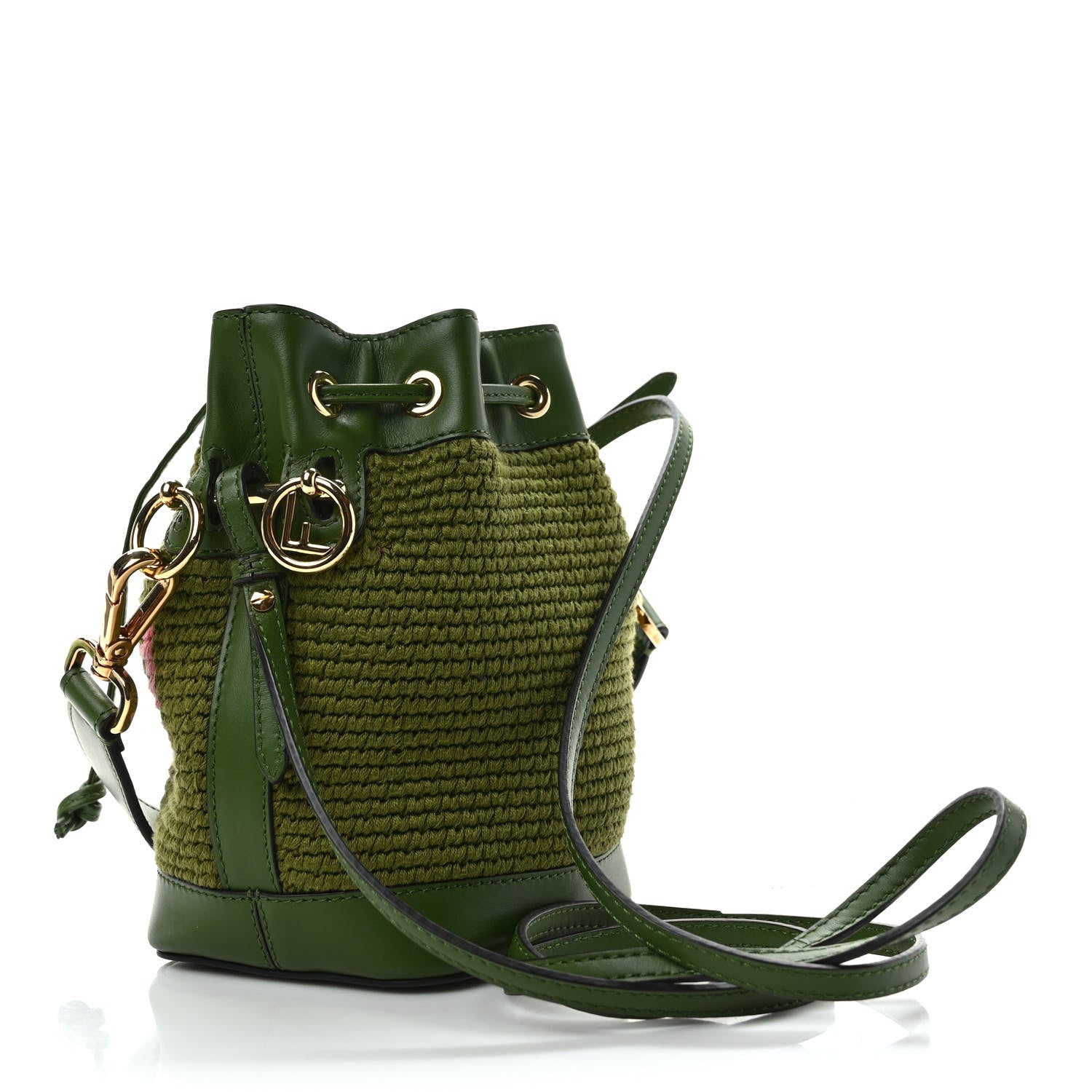 Fendi Crochet Vitello King F is Fendi Logo Woven Mini Mon Tresor Bucket Bag Verde Militare Rosa 3 of 8