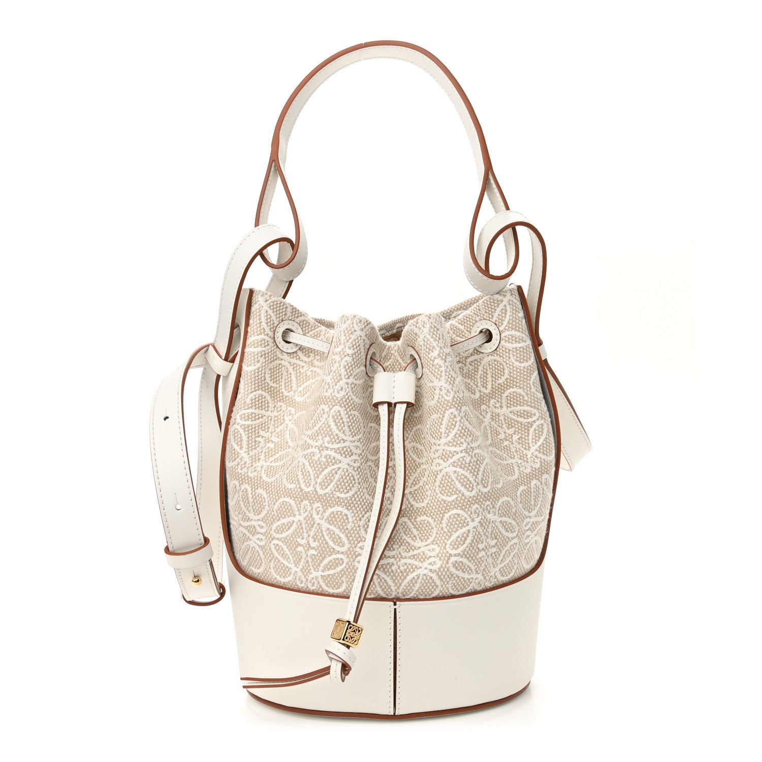 Loewe Calfskin Jacquard Linen Anagram Embroidered Small Balloon Bucket Bag Ecru White 1 of 8