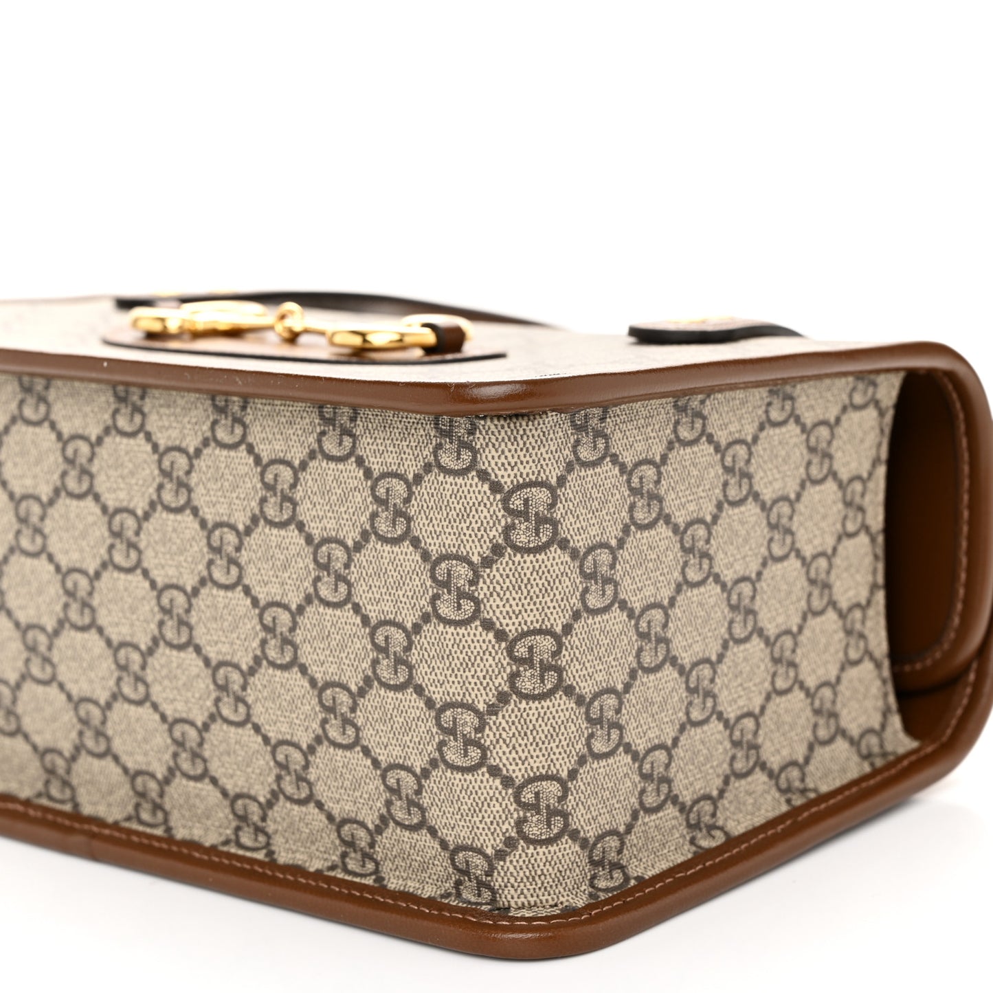 GG Supreme Monogram Azalea Calfskin Small Horsebit 1955 Foldover Top Handle Bag Beige Ebony Brown Sugar