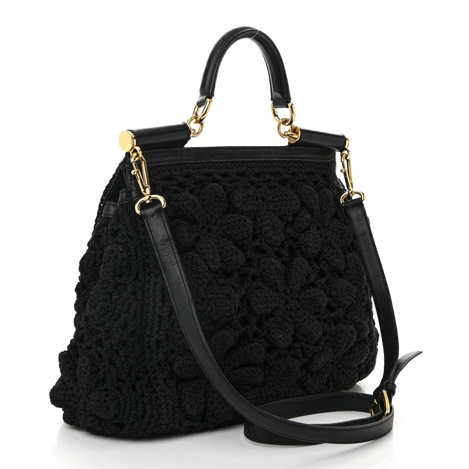 Dolce & Gabbana Calfskin Floral Knit Large Miss Sicily Satchel Black 3 of 9