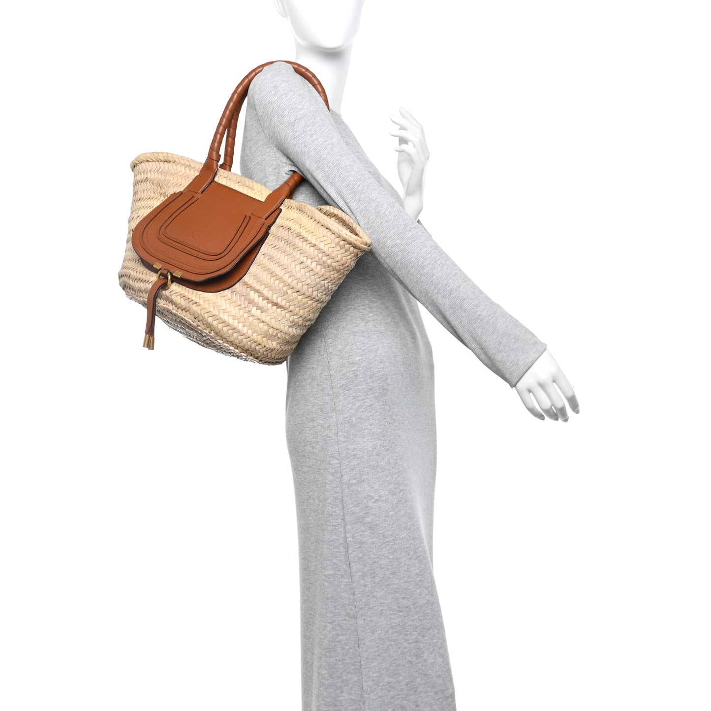 Raffia Small Grain Calfskin Medium Marcie Basket Tan